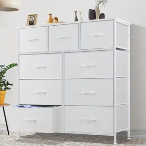 White Iron Fabric Storage Tower with 9 Drawers Elegant Bedroom Organizer Chest of Drawers with Wooden Top for Living Rooms & Kids' Bedrooms