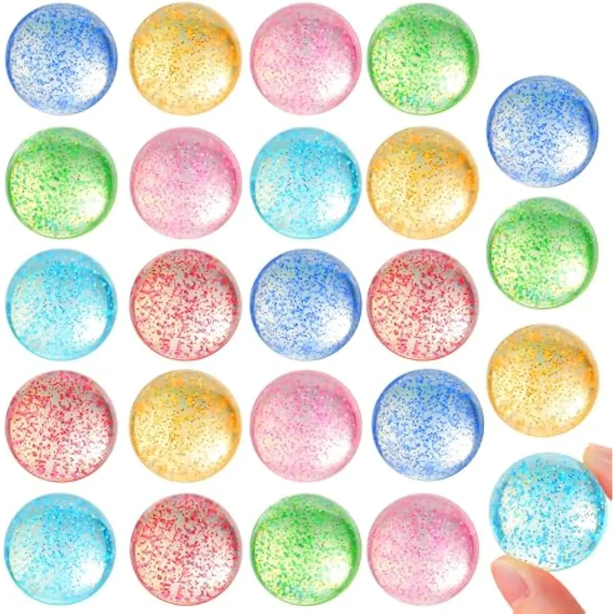 24 PCS Glitter Bouncy Balls, 6 Styles 32mm Assorted Bouncy Balls Bulk with Storage Bag, Bounce Toys for Kids Party Favors Birthdays Gifts Goodie Bags Stuffers Carnival Prizes