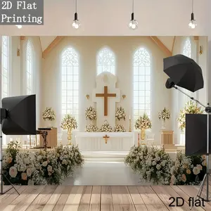 2D Flat, Large White Wedding Chapel Backdrop with Elegant Cross Altar & Tall Golden Vases Suitable for Church Baptisms, Quinceañera Decorations, Photo Booth Studio Background - Neutral Religious Ceremony Background for Weddings