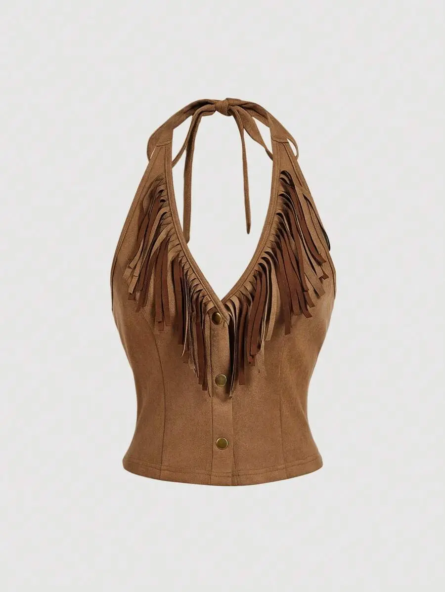 SHEIN MOD V-Neck Halter Tie Collar Fringe Hippie Style Top, Going Out Tops, Hippie, Western, Rave Festival, Fall, Vacation