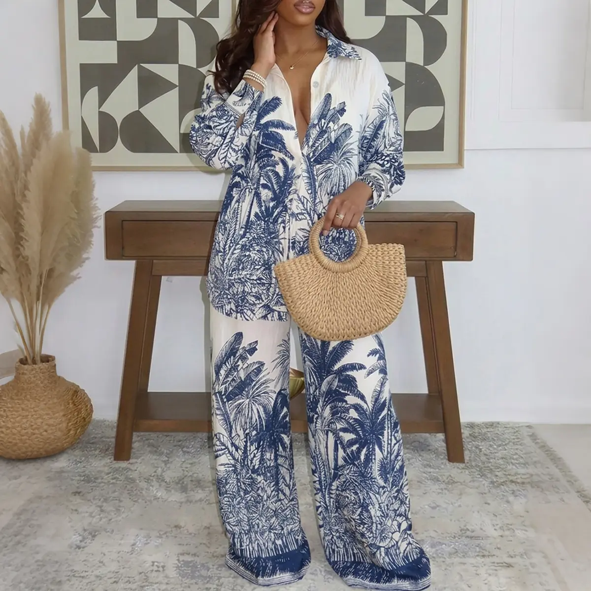 CHICME Women's Tropical Placement Print 2 Piece Outfit Button Down Shirt and High Waisted Wide Leg Pants Casual Vacation Set
