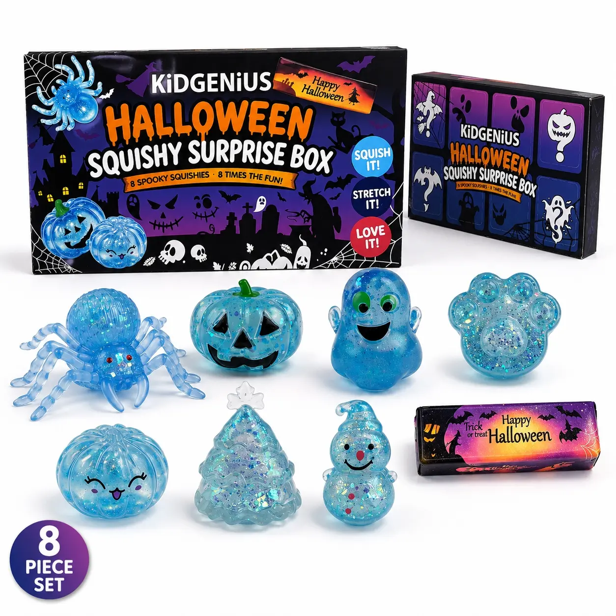 KIDGENIUS Satisfying Sensory Fidget Halloween Party Favors | 8 Pack Squishy Surprise Box for Kids