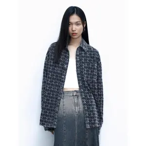 URBAN REVIVO 2026 Spring New Arrival Women's Fitted Houndstooth Retro Denim Shirt, Cotton-Polyester Fabric Long-Sleeve Light Stretch Everyday Casual Clothes, UYY850221