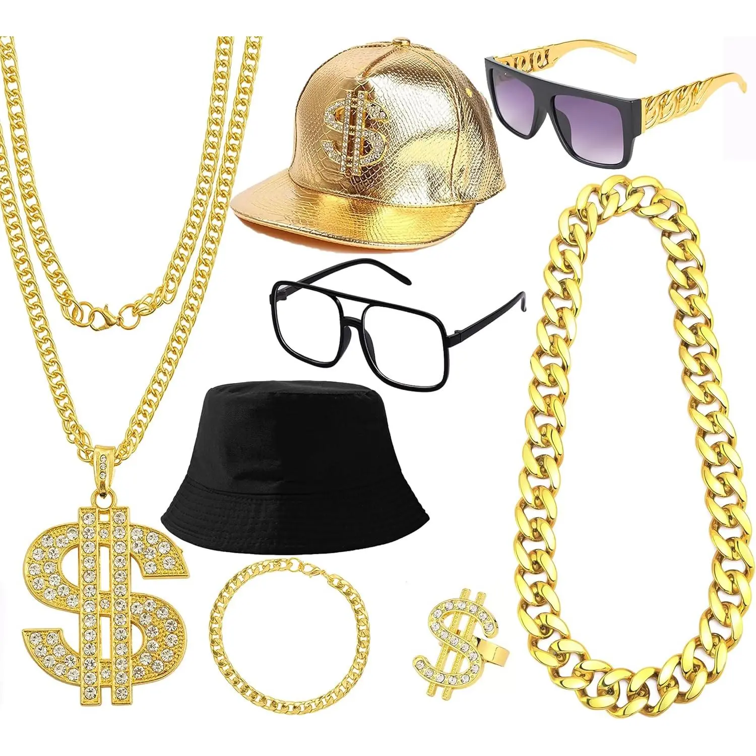 80s-90s Fancy Hip Hop Rapper Costume Set for Men, Menswear Gangster Outfit Kit with Dollar Sign Necklace, Sunglasses & Artificial Accessories, Shiny, Fashion