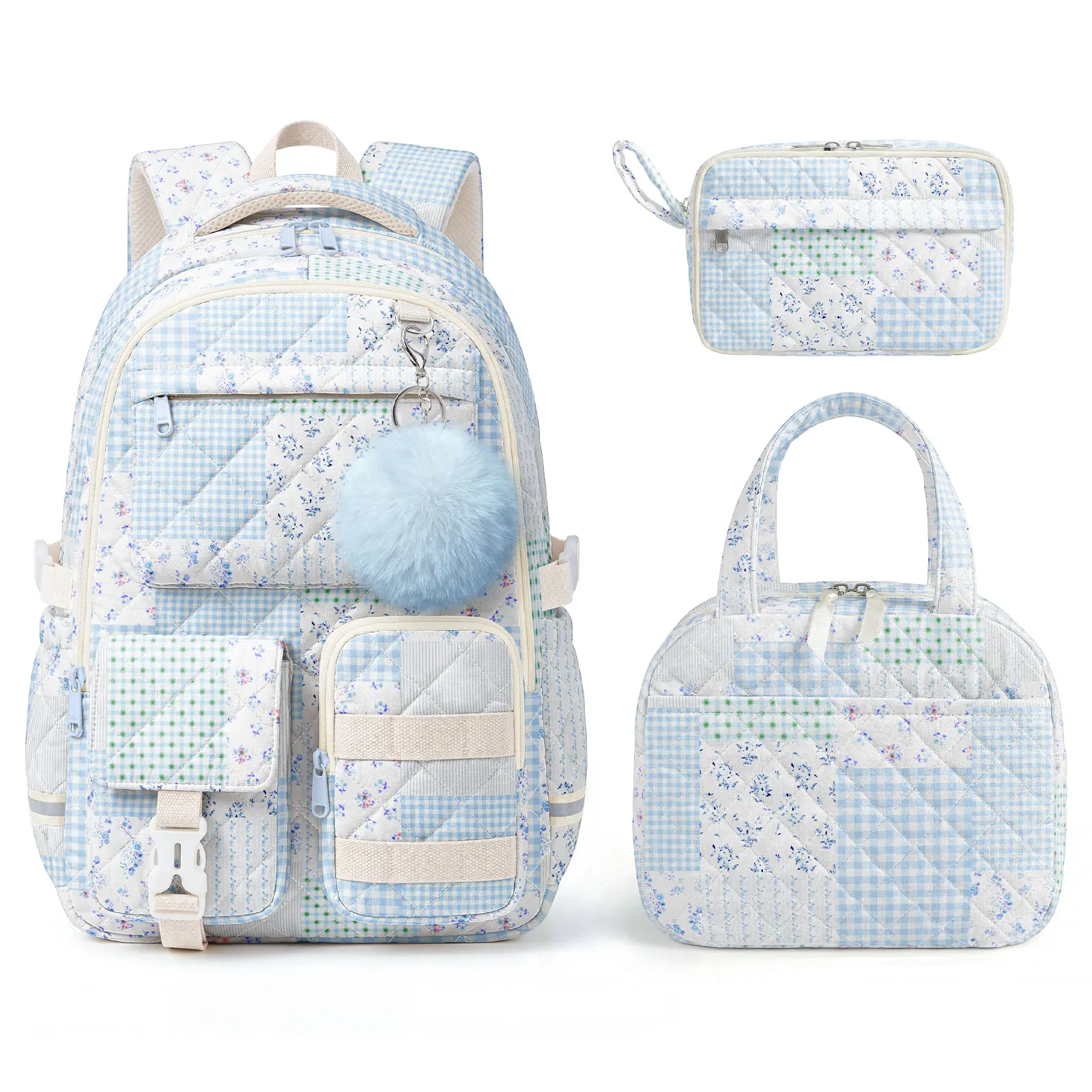 WOBAGMEN 3-Piece Quilted Backpack Set for Girls, Cute Floral School Backpack with Insulated Lunch Bag & Pencil Case, Aesthetic Bookbag Set for Teens and College Students, Back to School