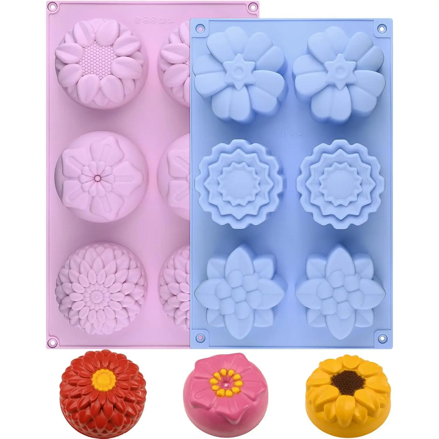 2-Pack Silicone Soap Molds - 6-Cavity Flower Shapes for Handmade Soap, Lotion Bars, Bath Bombs & Candles - Flexible, Reusable, BPA Free - DIY Crafts, Wedding Favors (Pink + Blue)