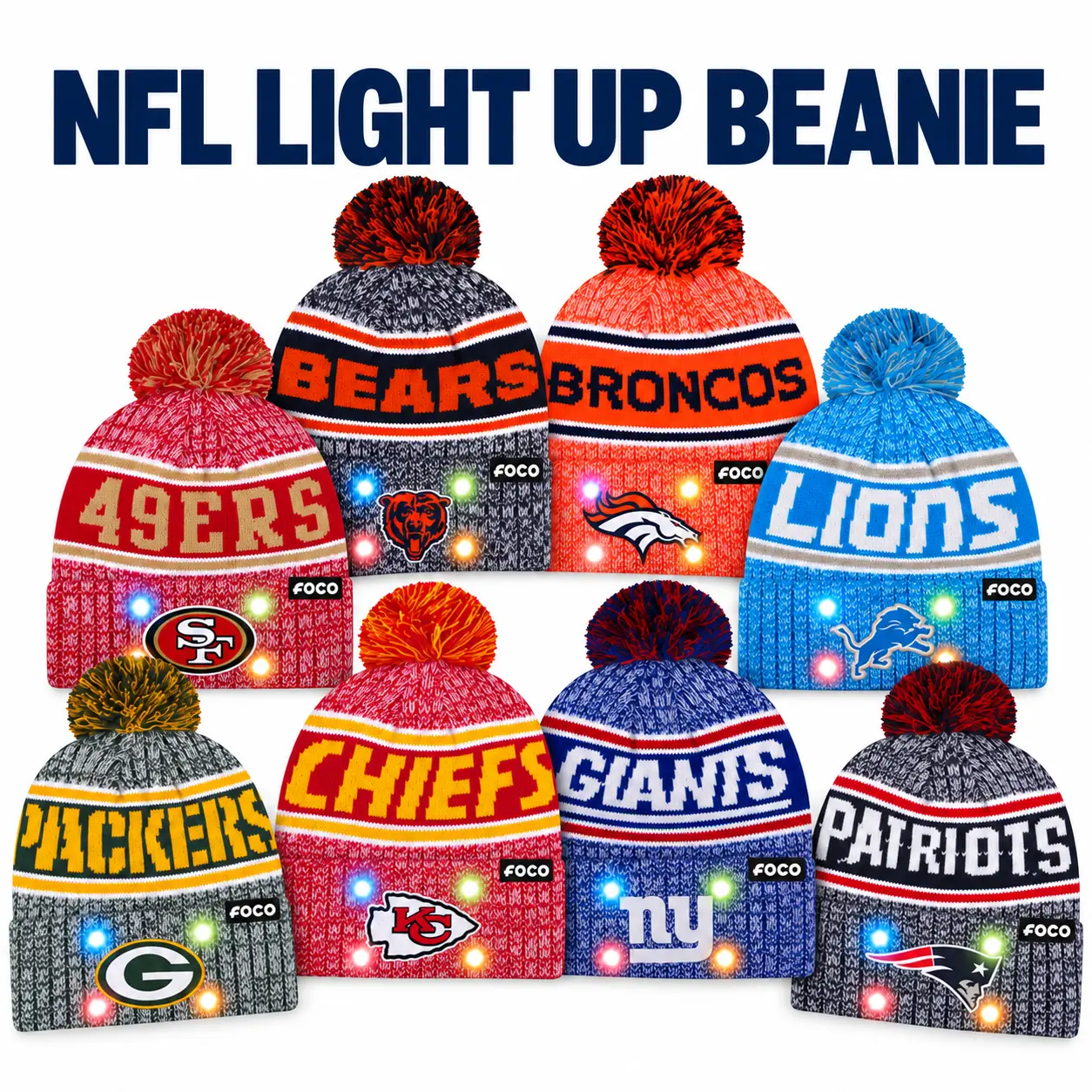 NFL Officially Licensed Team Color Warm Light up Pom Beanie