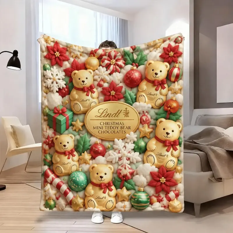 Lindt Mini Teddy Bear Chocolate 3D Christmas Flannel Blanket - Candyland Themed Cozy Festive Throw, Novelty Foodie Holiday Gift for Dorm & Home Xmas Decor