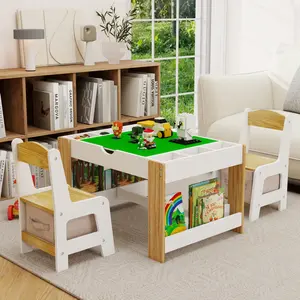 Dreamzon Kids 2 in 1 Play Table & 2 Chairs Set,with 7 Storage Compartments,Compatible with LEGO Building Block,Modern Activity Learning Table Game Furniture-White
