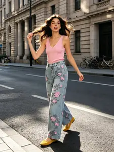 Women's Soft Floral Rose Print High-Waisted Wide-Leg Everyday Jeans, Light Blue Distressed Loose Straight Leg Pants, Retro Vintage Slim Fit Denim Long Pants