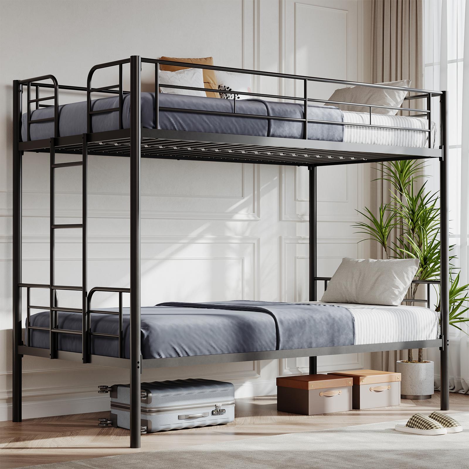 Bunk Bed Twin Over Twin ,Metal Bed Frame, Heavy Duty Bunk Beds, Bunkbed, Double Bed, Individual Twin Bed, Stackable Bunker Bed， With Removable Ladder Safety Guardrail (Black)Metal double-layer bed with stairs and safety railings, sturdy steel frame