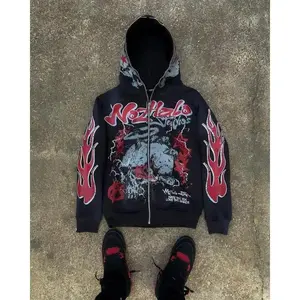 Retro Harajuku street hip-hop printed hoodie, loose casual zipper cardigan, unisex hoodie long sleeved sweatshirt men's top