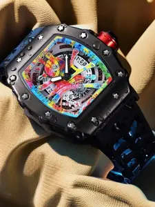 Men's Quartz Watch Barrel Shape Mechanical Style Colorful Graffiti Cut-Out Trendy Calendar Waterproof Zinc Alloy Case Stylish Watch
