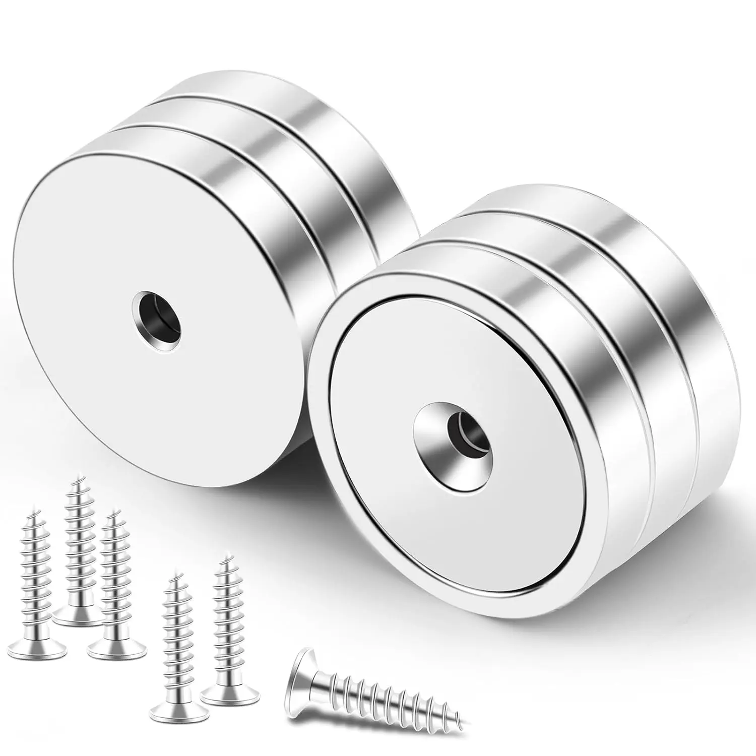 6-Pack Silver Strong Neodymium Cup Magnets, Waterproof Rare Earth Magnets with 150lb+ Pull Force, Screws Included for Wall Mounting, Hanging Lifting Tools in Home, Refrigerator, Office, Business, Schools, 1.42 Inches