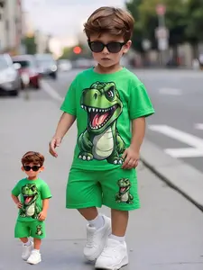 Boys' Cute Dinosaur Two-Piece Set, Trendy Sunglasses & Vibrant, Street Style, Perfect for Outdoor Wear, All Seasons