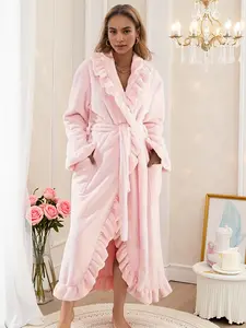 Women's Elegant Long Sleeve Bathrobe, French Terry Warm Robe with Pockets, Fall & Winter Thick Fitted Homewear, Loungewear