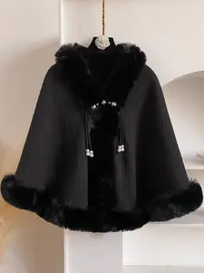 Women's Pearl Decorated Belted Coat with Faux Fur Hem, Casual Multifunctional Cape Shawl for Fall/winter, Warm and Comfortable