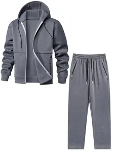 Men's Solid Color Hooded Sports Leisure Set, Long Sleeve Zip-Up Top with Ribbed Cuffs, Suitable for Fall & Winter Outdoor Activities, Perfect for Running, Hiking, and Cycling, Athletic Tracksuits,Airport Outfit