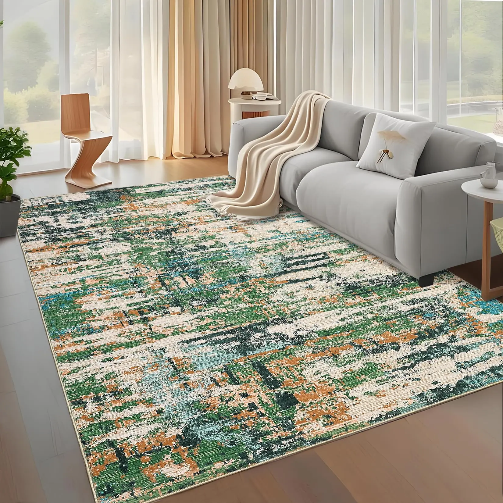 GARVEE Washable 10x13 Extra Large Living Room Area Rug with Modern Abstract Design, Low Pile Non-Slip Floor Carpet for Bedroom, Dining Room, and Indoor Use, Foldable Thin Contemporary Throw Rug in Green