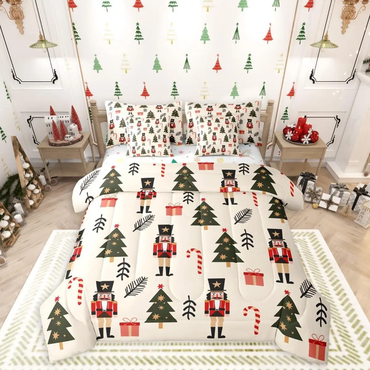 Cartoon Nutcracker 7 Pcs Bedding Set | Merry Christmas Bed in a Bag,Cute Xmas Trees Bed Set Includes Comforter,Sheet Set,Pillowcases & Pillow Covers