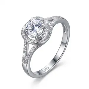 925 Sterling Silver Adjustable Round Halo Cubic Zirconia Ring, Water Resistant Sparkling Engagement Wedding Promise Ring for Women