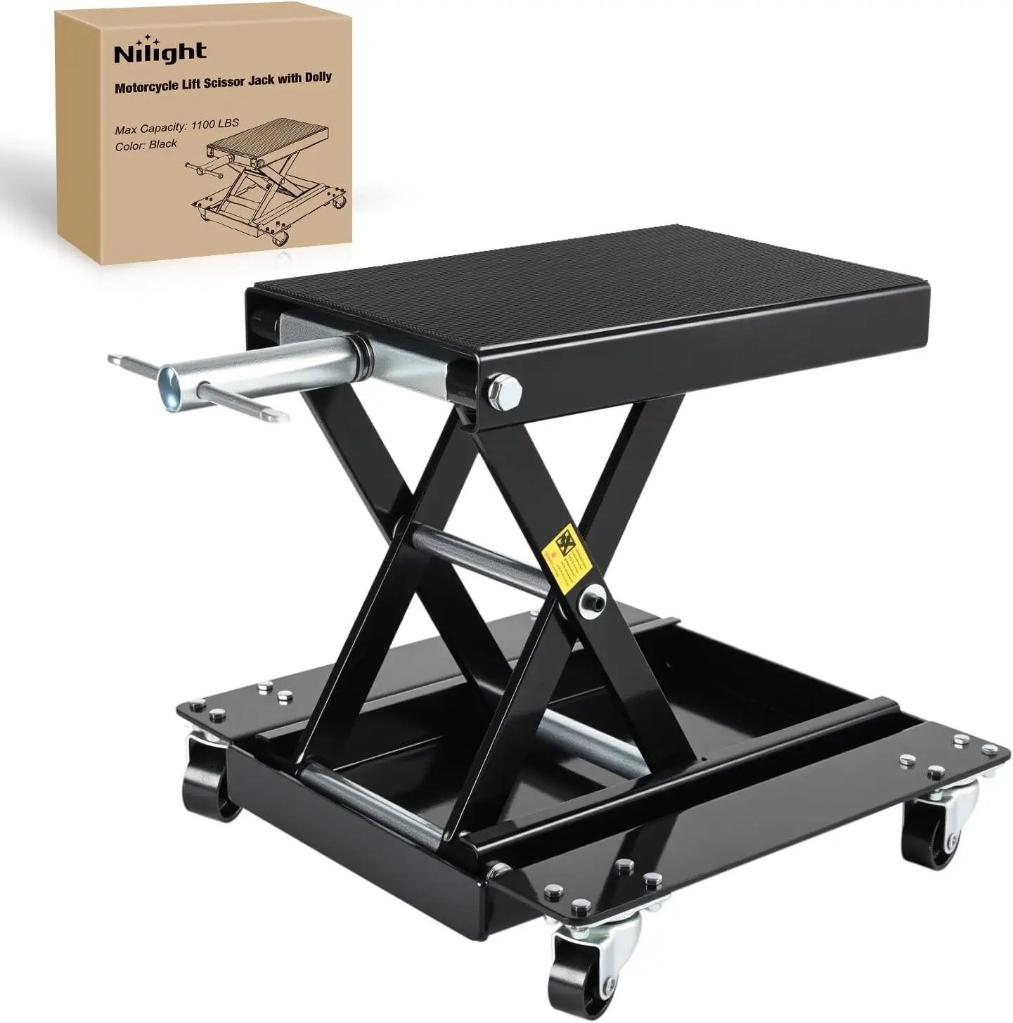 Nilight Heavy-Duty Steel Movable Motorcycle Scissor Lift Jack, 1100 LBS Capacity, 5.1"-15.7" Adjustable Height, Rubber Dolly Wheels, Crank Handle, Anti-Slip Safe Garage Repair Tool for ATV Dirt Bike with Tire Inflator Pump
