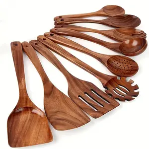 Teak Wood Kitchen Utensils Set, Natural Wood, Non-Stick Pot Friendly, Dual Use for Kitchen & Dining Room, Eco-Friendly Cooking Tools, Wooden Spatulas