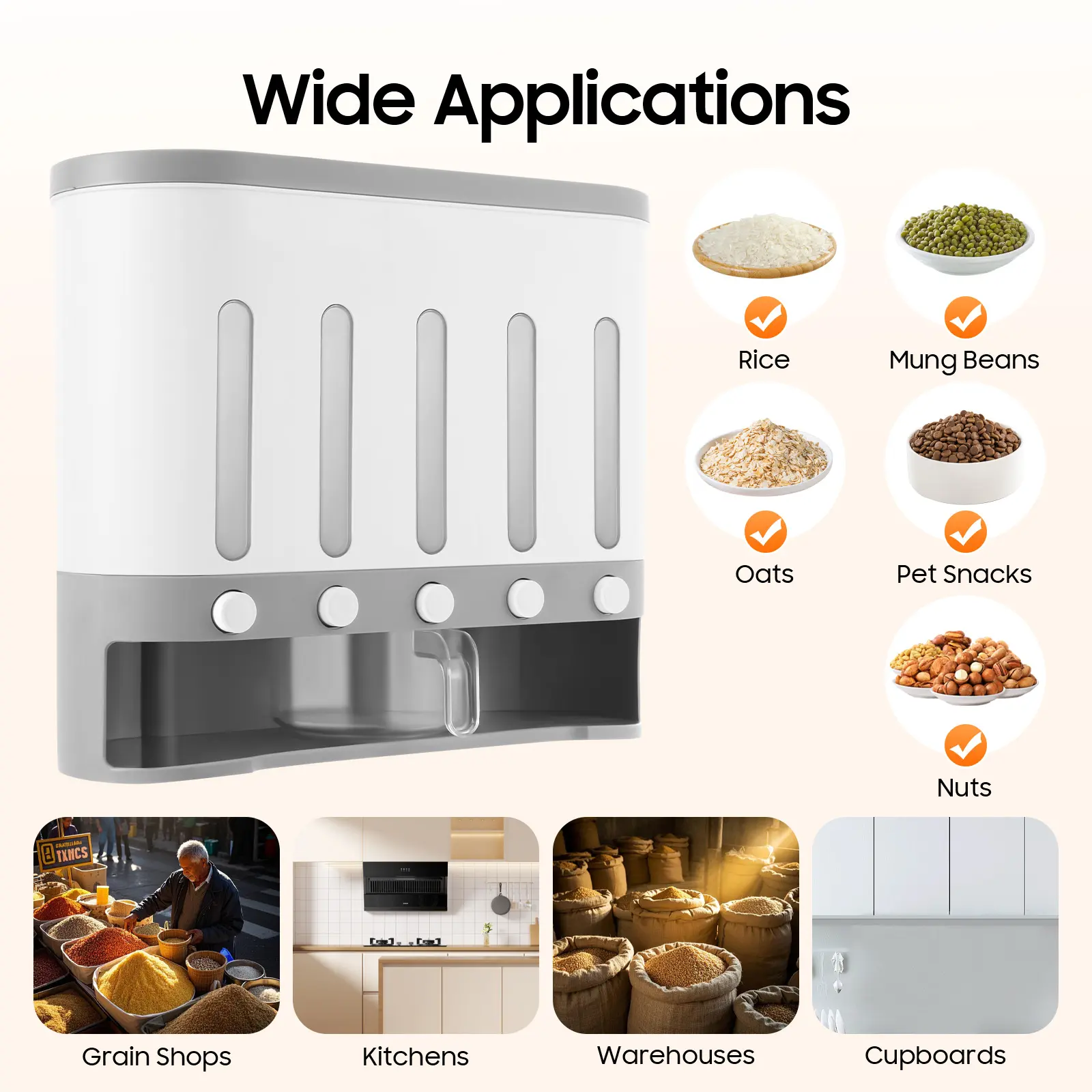 Transparent Wall-Mounted Cereal & Rice Dispenser. Dry food storage container for kitchen. Detachable lid & scale. Keep food fresh.