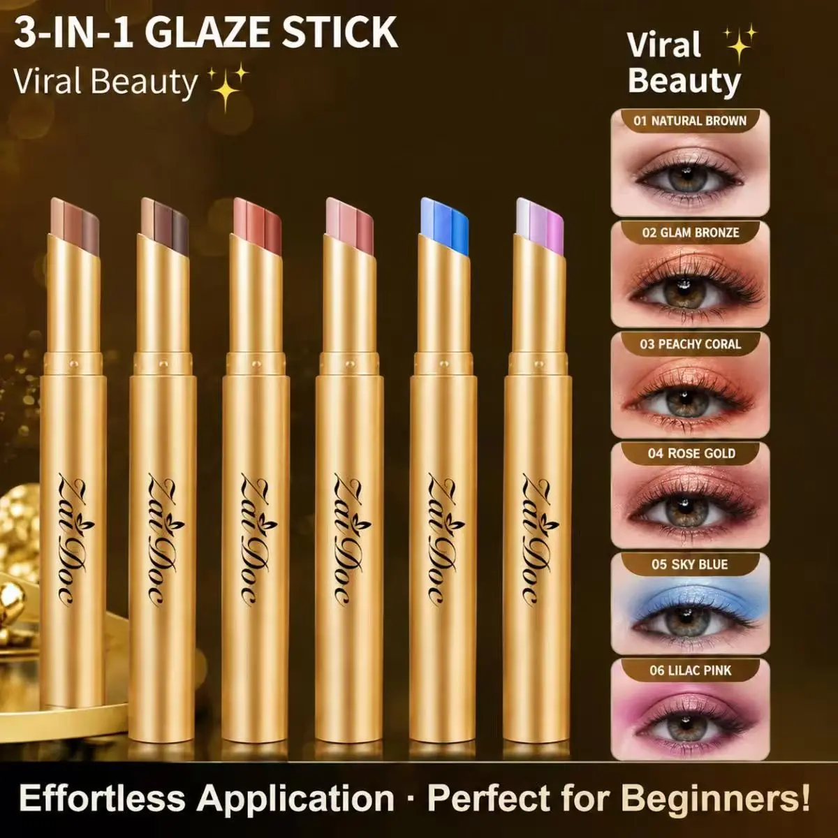 Buy 1 get 4 free --3-in-1 Easy Eyeshadow Stick for Beginners，Smudge-Proof in Seconds, One-Stroke Application，Creamy Shimmer Trio Eyeshadow Stick
