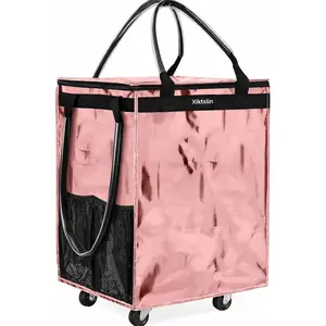 (Medium, Rose Gold) Reusable Grocery Bag on 4 Wheels, Foldable Rolling Tote Carries Up to 66lb Shopping Trolley, Rolling Bag with 3 Handles, Zipper Clouser Rolling Tote Bag with Wheels for Laundry