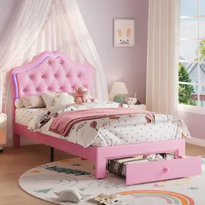 LED Headboard Twin Platform Bed Frame - Crystal Button Tufted Upholstered Design - Storage Drawer - Noise-Free, Easy Assembly - No Box Spring Required - soft Bed for Kids & Teens - Beige or Blue or Pink Twin Size