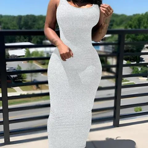 Women's All Over Print U Neck Bodycon Dress, Casual Minimalist Sleeveless Long Dress for Summer, Ladies Clothes for Daily Wear