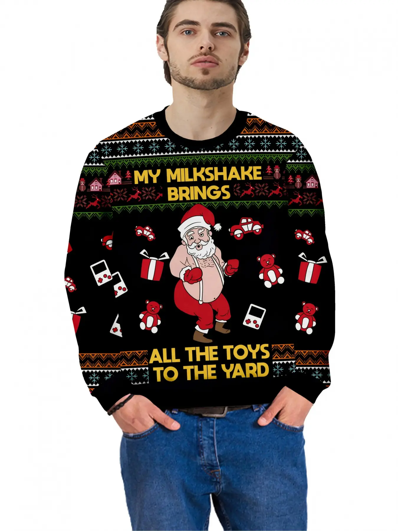 New Santa Claus Graffiti Sweatshirt, Fun Winter Ugly Sweater, 3D Printed Harajuku Style Pullover, Casual Fun Long-Sleeve Top
