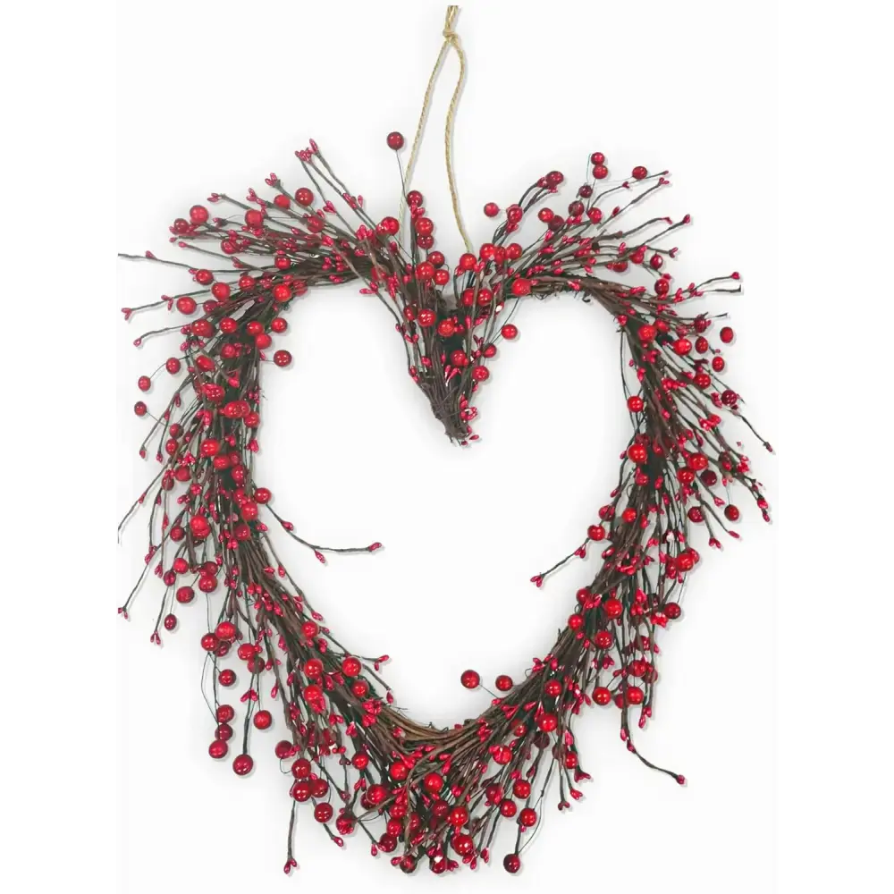 4E's Novelty 15” Heart Grapevine Wreath – Rustic Valentine Door Wreath with Red Berries