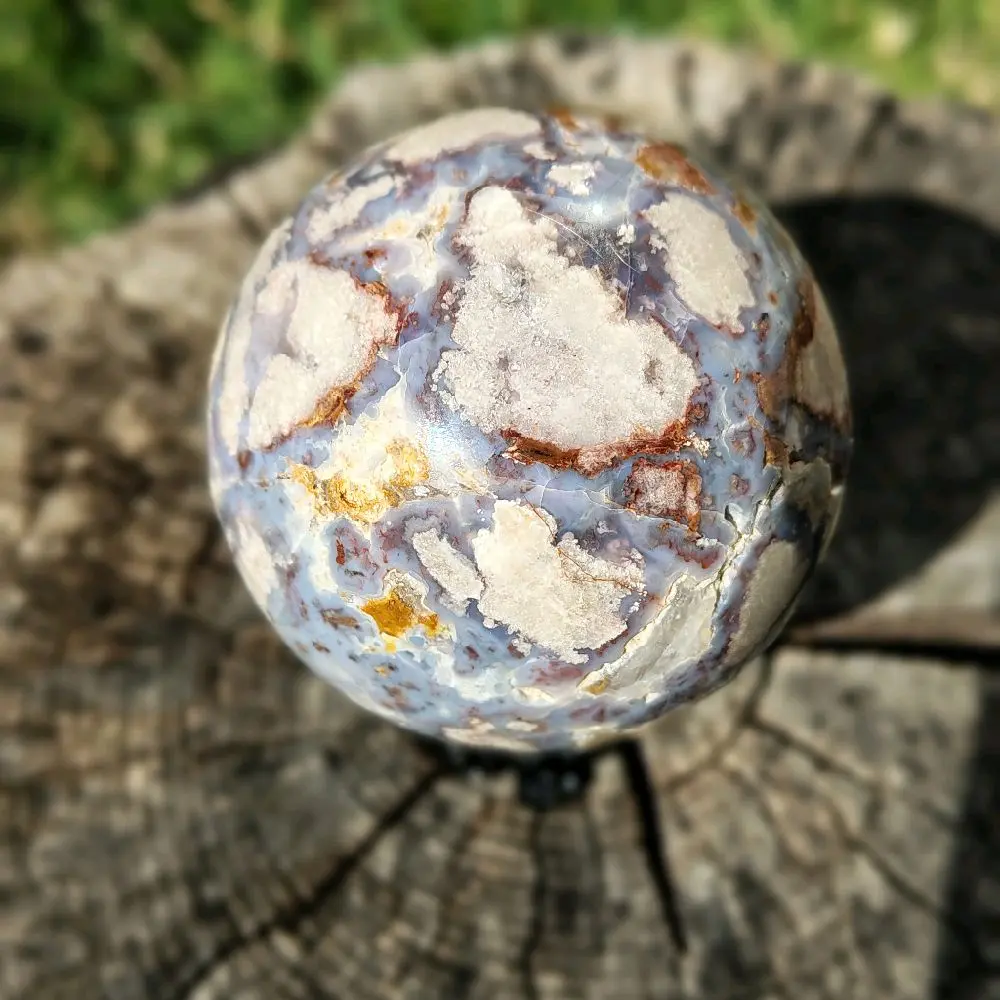 Blue Cherry Agate Crystal Sphere - Unique, Colorful Design with Blue, Purple, and Gold Accents, Natural Stone Finish