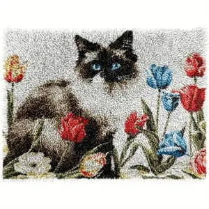 Pussycat and Tulip Hook Hook Carpet Kit Colour Printed crochet Thread DIY Hook Hook Kit Carpet carpet cover mat Christmas chair mat floor decoration 20.47in*14.96in 52cmx38cm