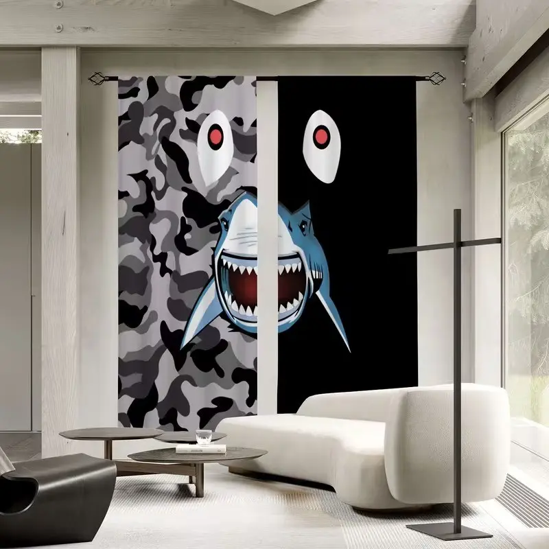 2 pieces, black and white shark print semi transparent curtains, window drapes, multi scene polyester stick pocket decorative curtains, used for living room, gaming room, bedroom home decoration, party supplies