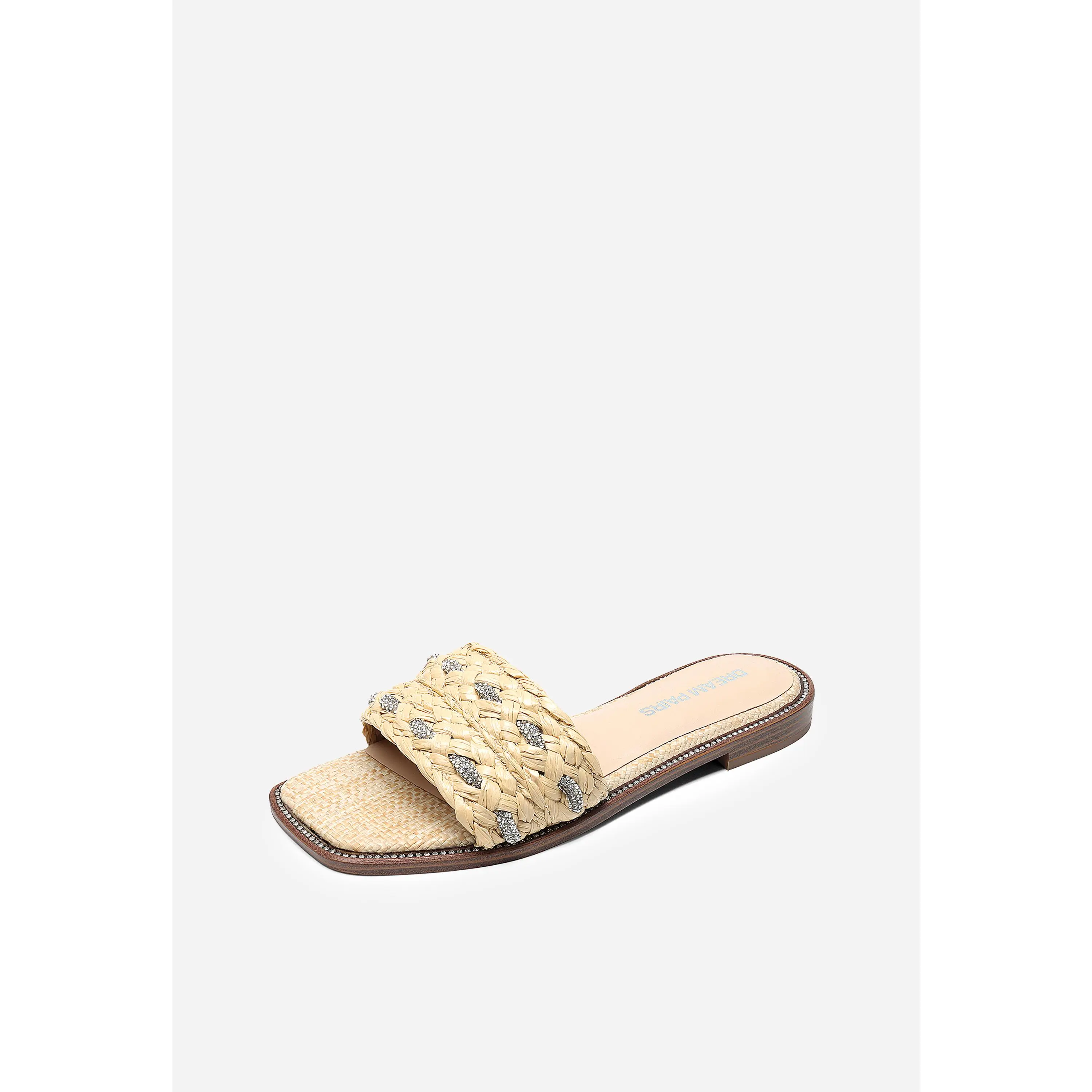 Dream Pairs Women's Bohemian Flat Sandals, Woven Raffia Slides with Rhinestones, Cushioned Square Toe Espadrille for Casual Summer, Bohemian Trending Sandals, Casual Flat Sandals