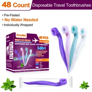 EchoRid 3-in-1 Pre-Pasted Mini Travel Toothbrush with Floss & Toothpick, No Rinse Needed, Individually Wrapped, TSA Approved, 48 Count