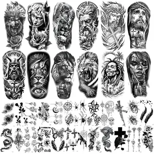 36 Sheets Large Black Arm Temporary Tattoos For Men Forearm Women Thigh, Half Sleeve Animals Lion Wolf Temp Tattoo Stickers Adults, Featuring Tribal,Flower Fake Tattoos That Look Real Durable Teens