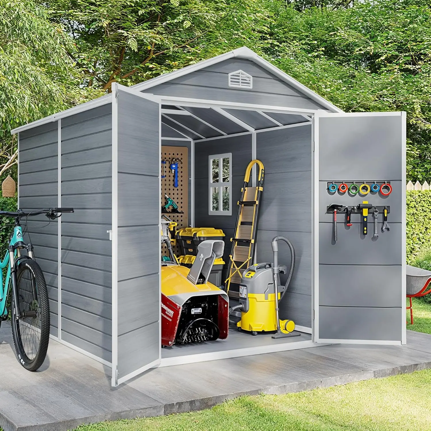 Gizoon 8x6 FT Outdoor Storage Shed with Reinforced Steel Frame, All-Weather Use Resin Panels, Lockable Doors, Included Floor & Window, Greenhouse-Compatible for Backyard, Garden