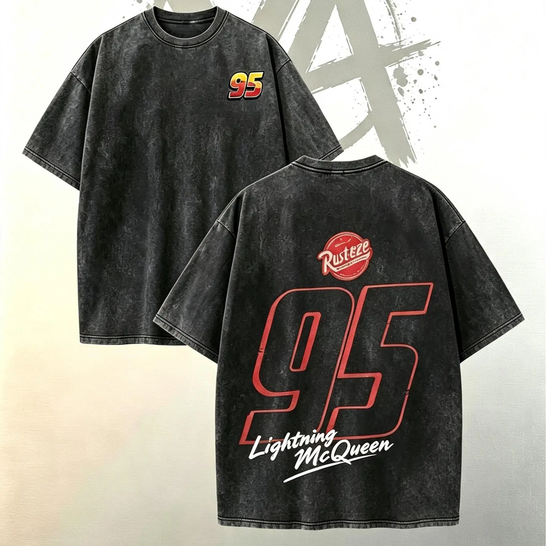 [AVT]Retro Washed Gray Oversized T-Shirt,"95" Racing Number & Red Logo Graphic Print,Streetwear Outfit for Men,unisex racing play classic car show, muscle car guy meet part lover,casual regular high-performance fit car merch