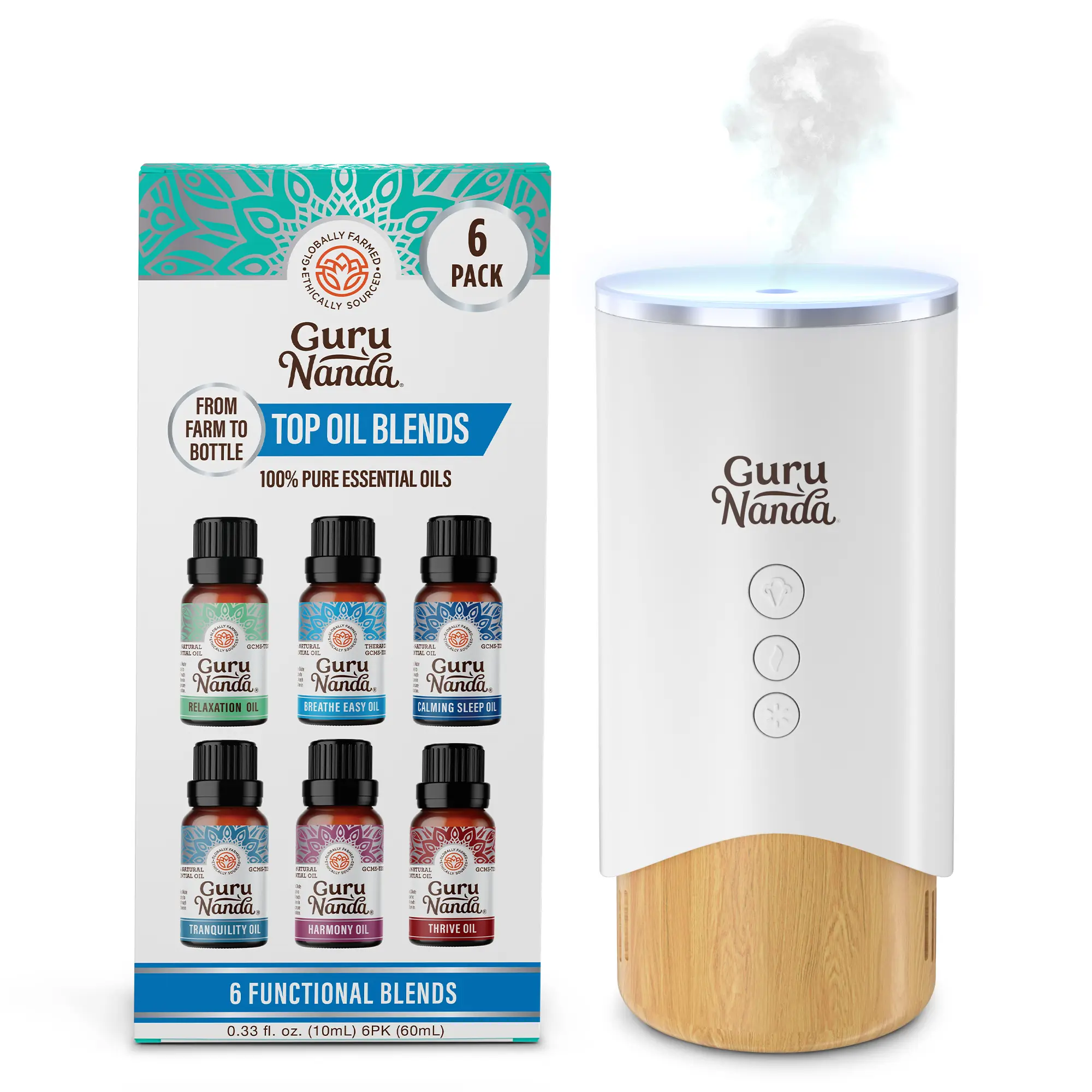 GuruNanda Calm Aura Aromatherapy Diffuser with 6 Pack Essential Oil Blends Set GuruNanda Calm Aura Aromatherapy Diffuser with 6 Pack Essential Oil Blends Set