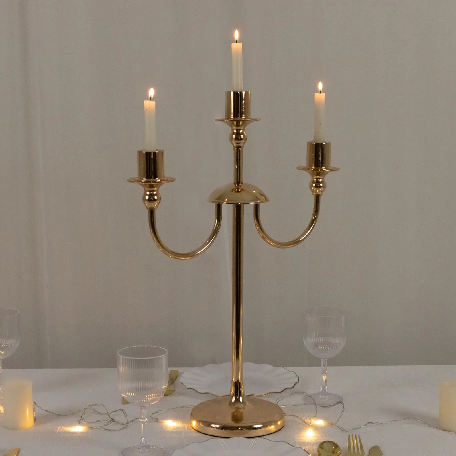 22" Tall Gold 3-Arm Metal Decorative Candleholder - Modern Taper Candle Holder Centerpiece Stand