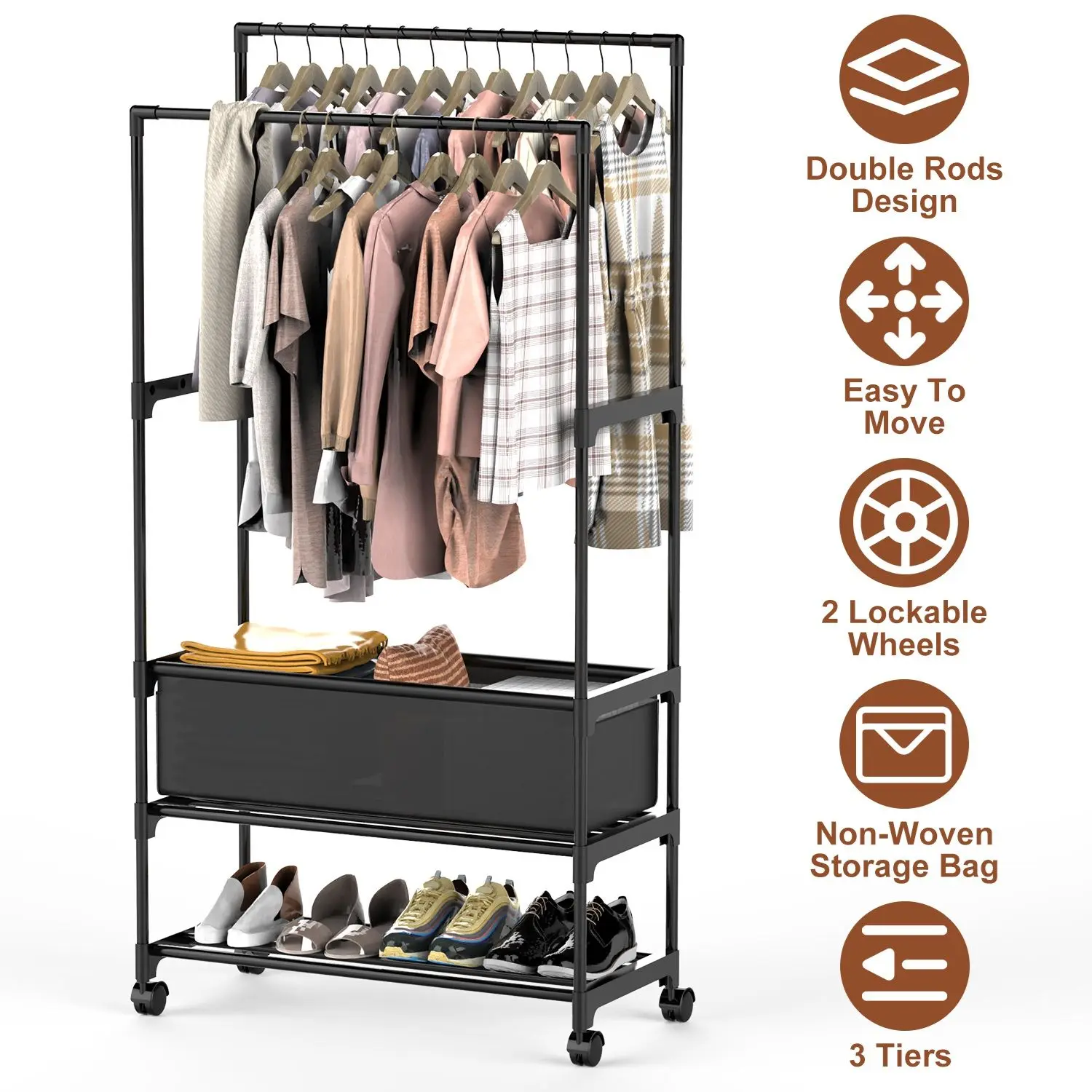 1Pc Double Rods Garment Rack with Storage Bag Portable Clothing Rack with Shelves Lockable Wheels Small Portable Closet Storage Bag Height Adjustable