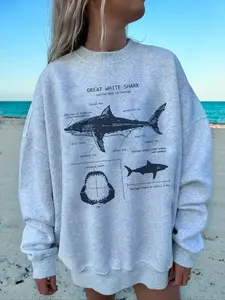 Women's Ocean Animal Shark Print Long Sleeve Knit Pullover Sweatshirt Tops, Womenswear Fall & Winter Casual Loose-Fit Baggy Oversize Round Neck Jumper, Holiday Style Fabric