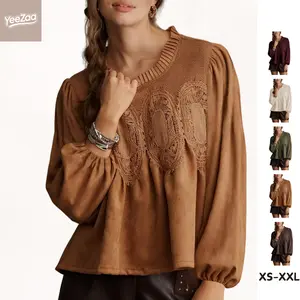 Lace & Faux Suede Peplum Top for Women YeeZaa 2025 TikTokShopHolidayHaul Christmas Suede Flared Blouse Long Sleeve Crew Neck Swing Babydoll Tops Elegant Intricate Mesh Loose Shirts