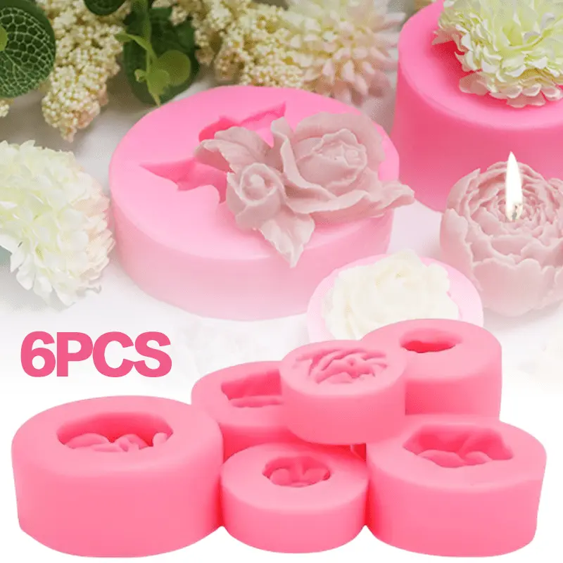 6pcs Flower Rose Peony Sugar Soft Pottery Clay Gypsum Tools, Cake-Shaped Silicone Crafts Molding Handcraft Candle Making Molds