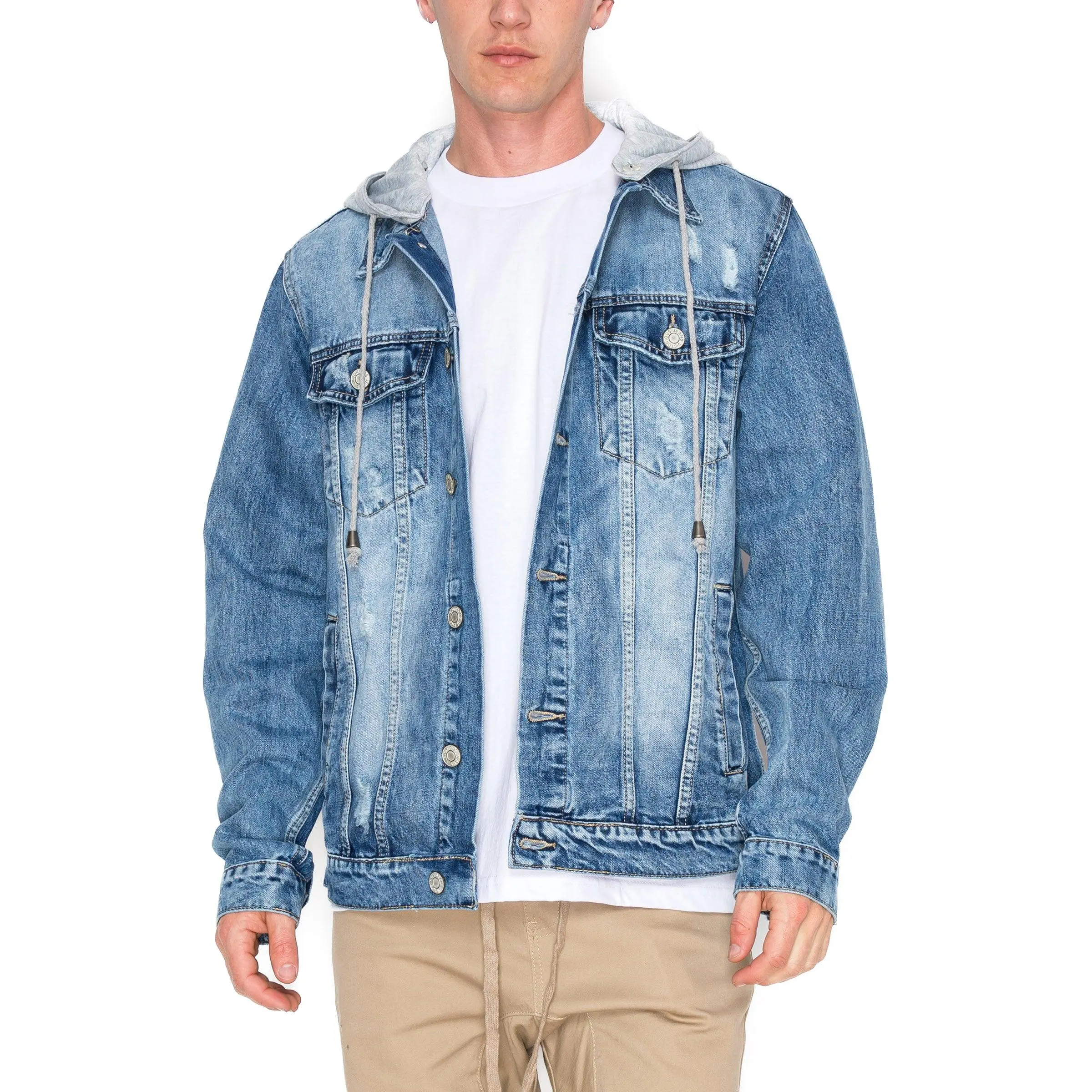 VICTORIOUS Men's Long Sleeve Layered Distressed 100% Cotton Denim Jacket with Detachable Hoodie and Button-Front, Tops, Menswear, Coats, Casual, All Seasons, Cold Wash, Ripped