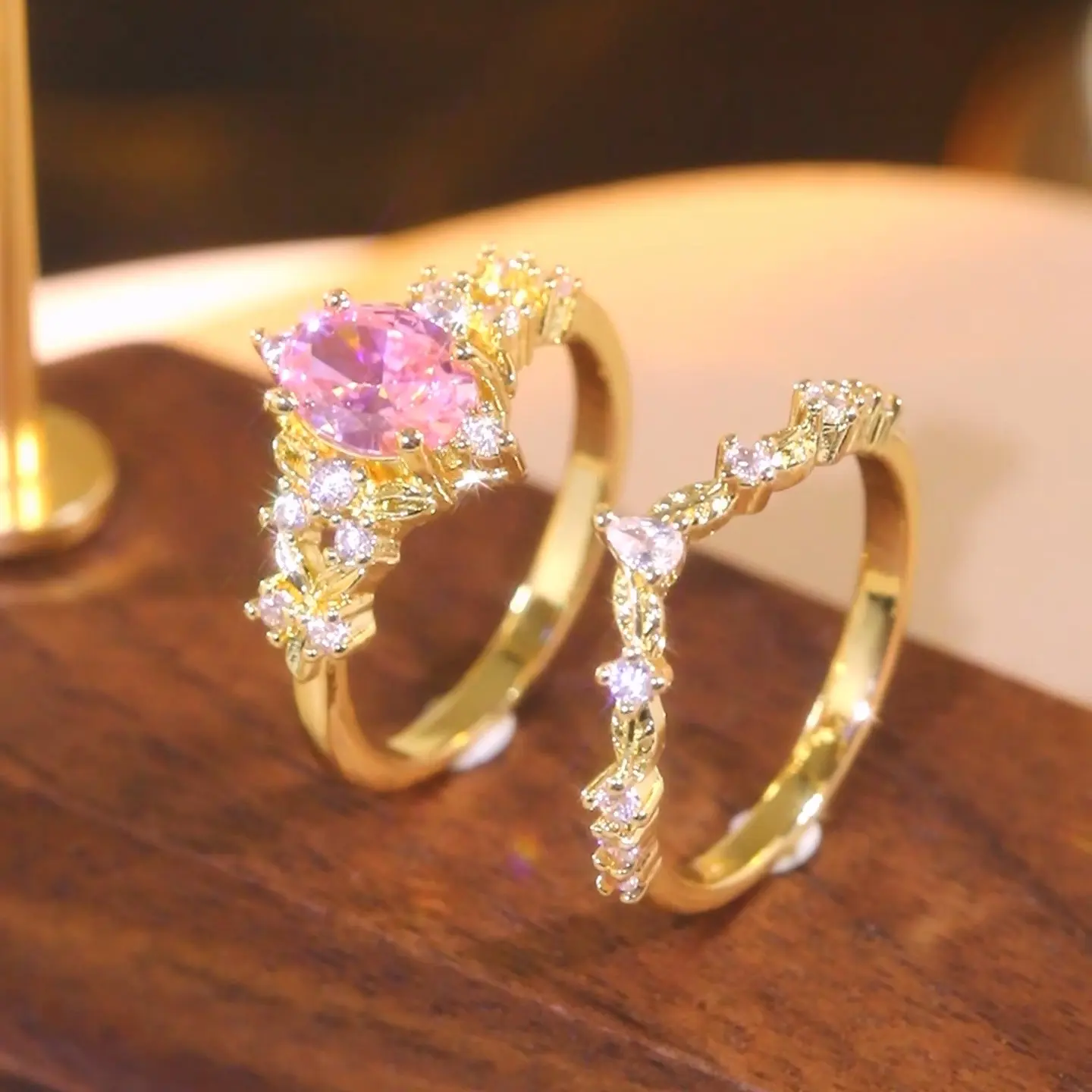 2-Piece Elegant Ring Set, Oval Cut Pink Stone Promise Ring with a V-Shaped Stacking Wedding Band for Women, Bridal Jewelry Gift